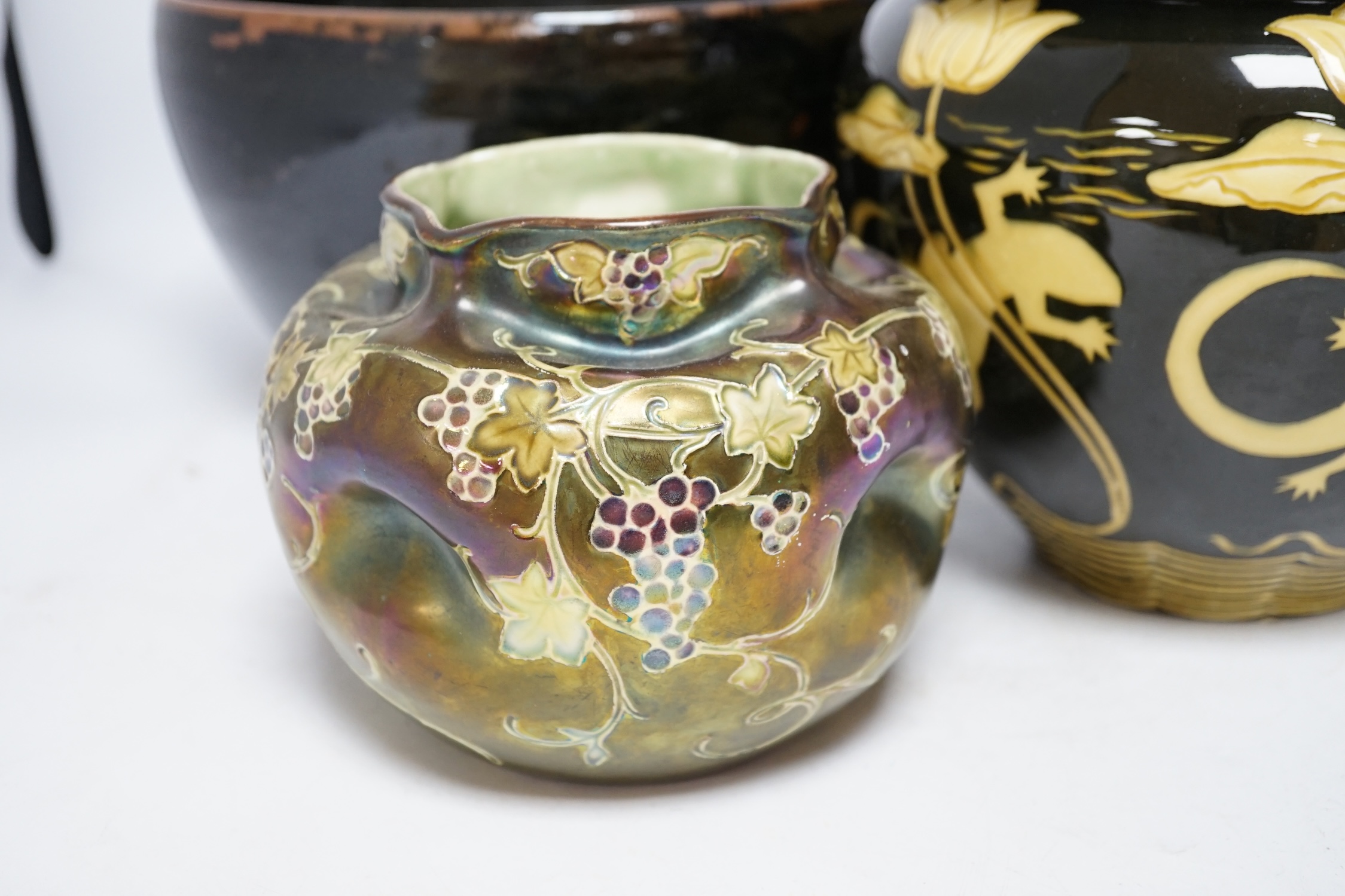 A large Winchcombe pottery bowl by Neil Alcock, a ‘lizard’ jardiniere and a lustre glazed small jardiniere, tallest 19cm., Condition - two fair, smallest example poor